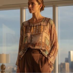BELLE FRANCE Made in Italy Boho Patchwork Baroque Silk Blend Tunic Blouse Top L
